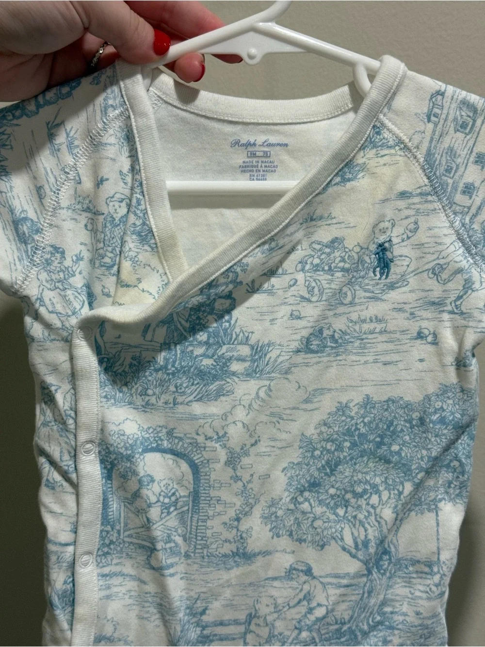 Ralph Lauren Baby Girl 9M Blue Polo Bear Toile Wrap Bodysuit One Piece
